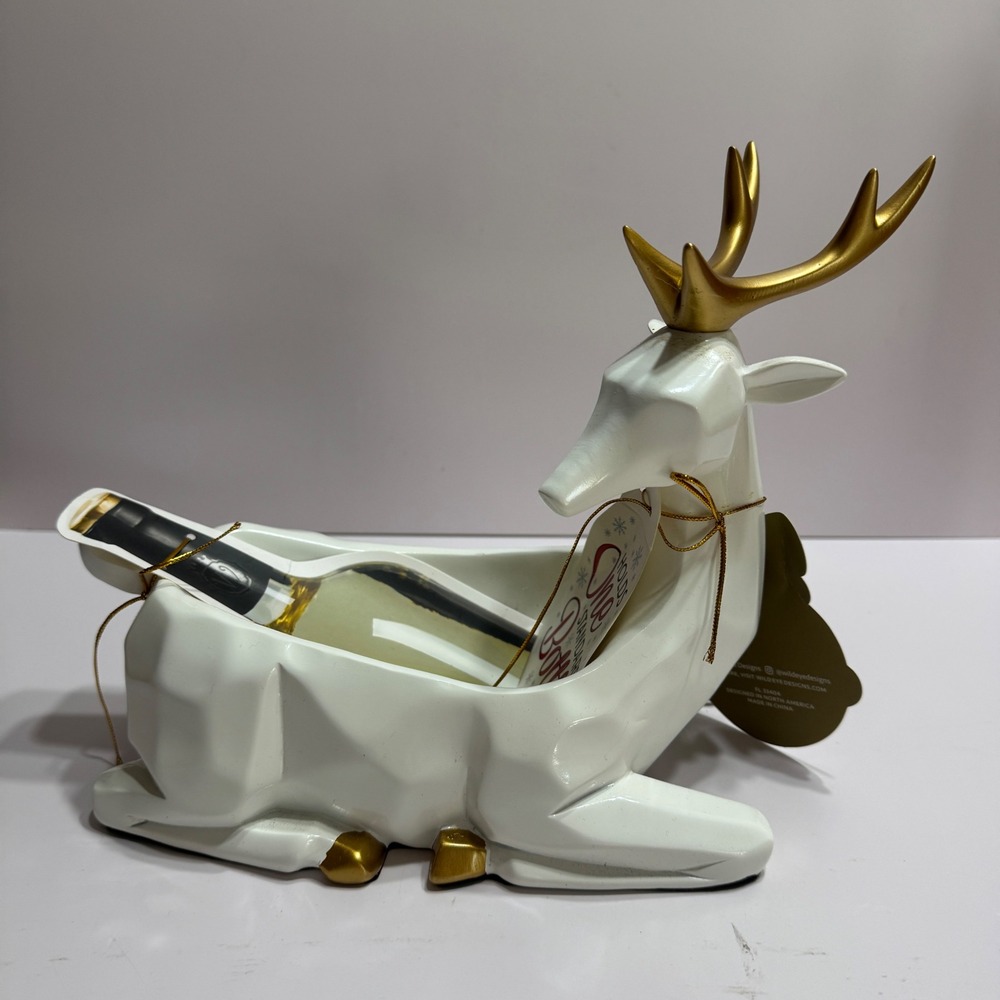 Wild Eye Designs White Gold Reindeer Wine Bottle Holder Geometric Ceramic Deer